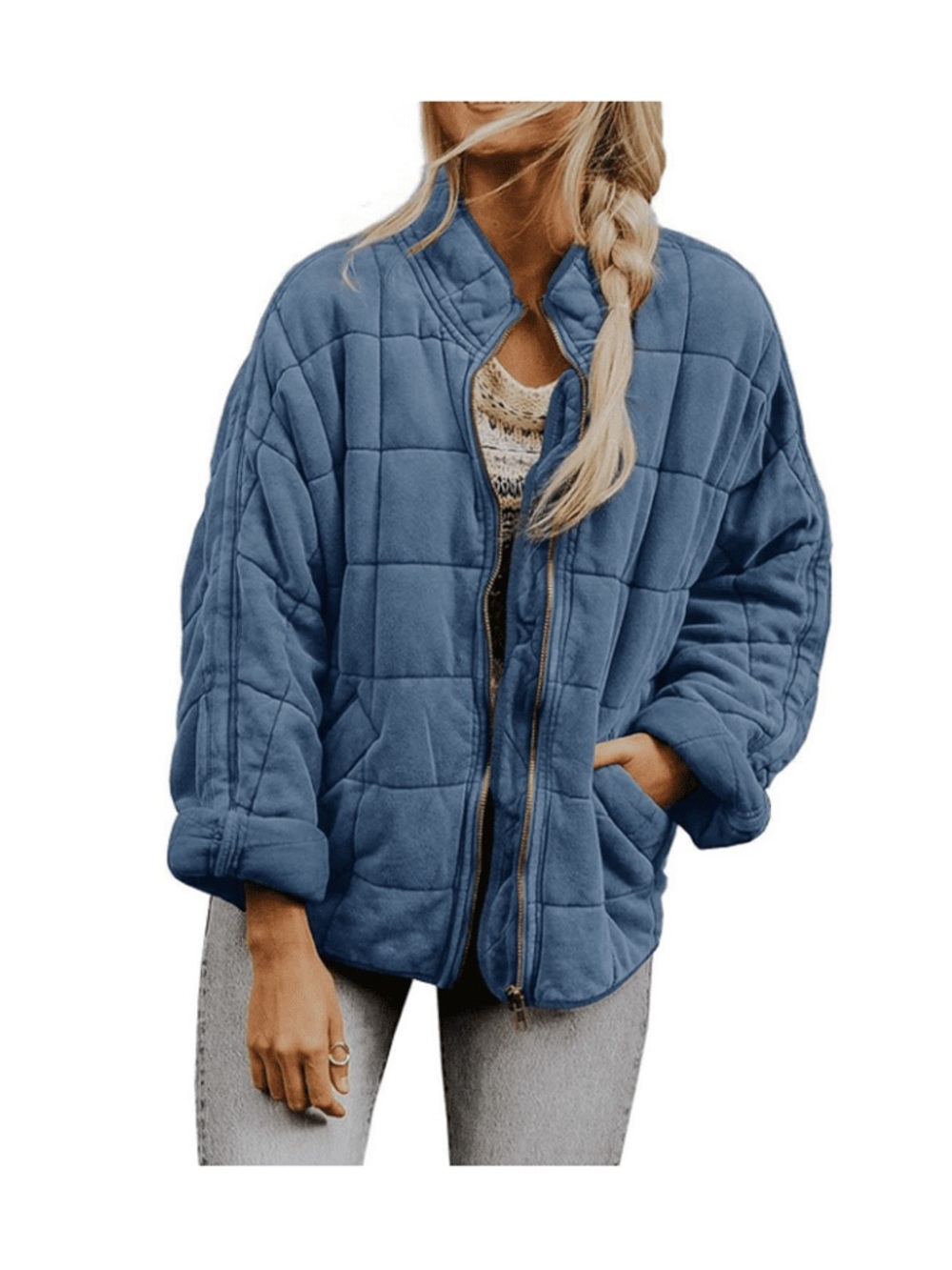 Blue Quilted Zip-Front Women's Jacket. Quilted jacket.